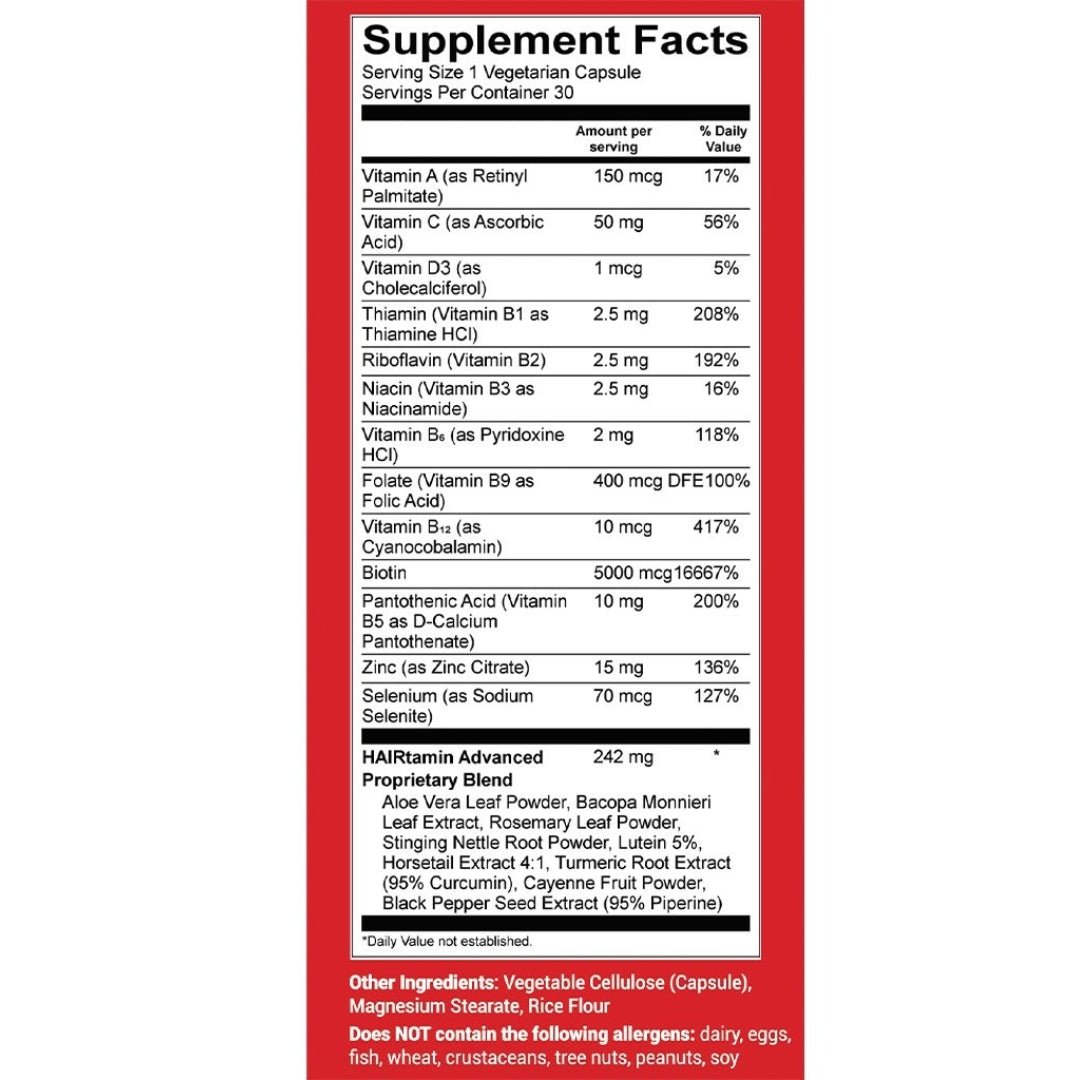 Información nutricional de HAIRtamin Fórmula Avanzada con biotina