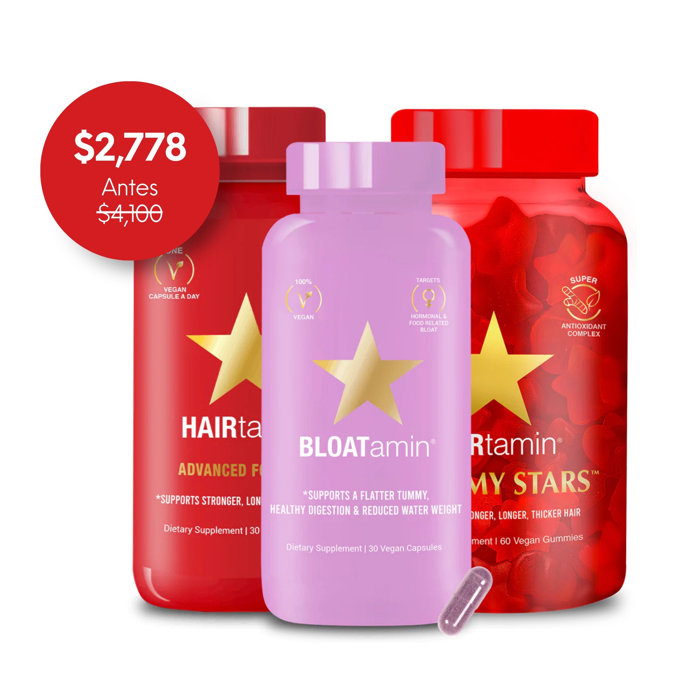 Bundle Crecimiento & Adiós Inflamación 🔥 Fórmula Avanzada + Gummy Stars + Bloatamin - Hair Vitamins Mx